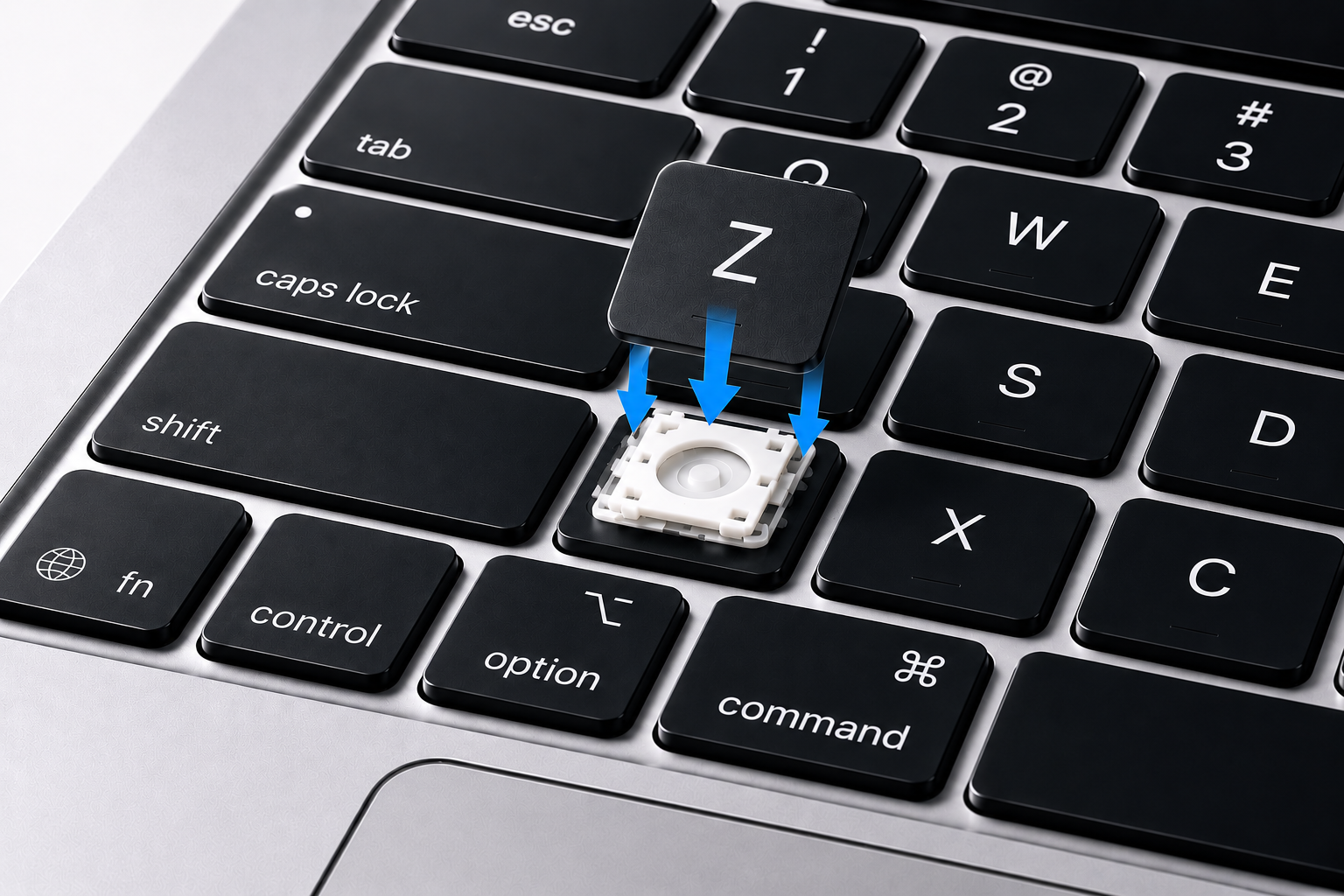 MacBook keyboard with the A keycap descending into its empty slot, install arrows pointing to where it fits